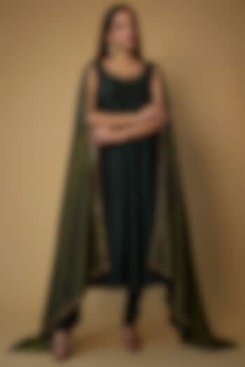 Bottle Green Russian Silk Cut-Beads Embellished Party Wear Anarkali Set by FATIZ at Pernia's Pop Up Shop