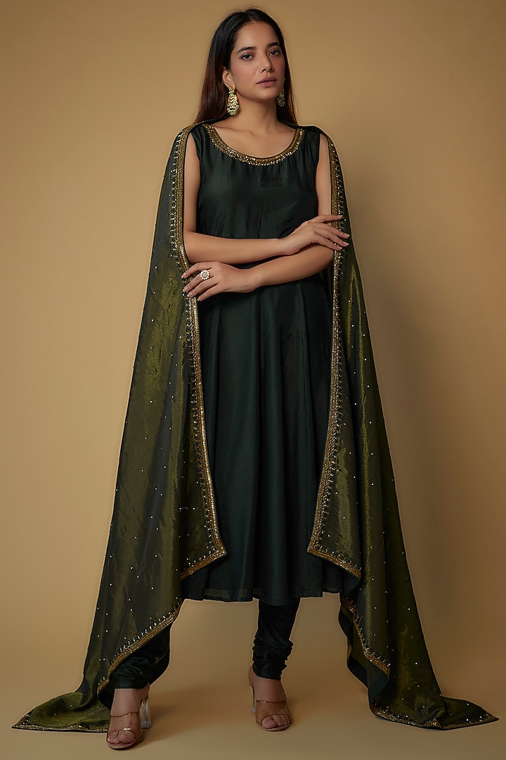 Bottle Green Russian Silk Cut-Beads Embellished Party Wear Anarkali Set by FATIZ at Pernia's Pop Up Shop