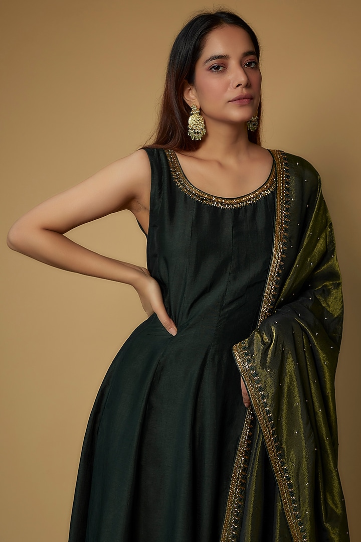 Bottle Green Russian Silk Cut-Beads Embellished Party Wear Anarkali Set by FATIZ at Pernia's Pop Up Shop