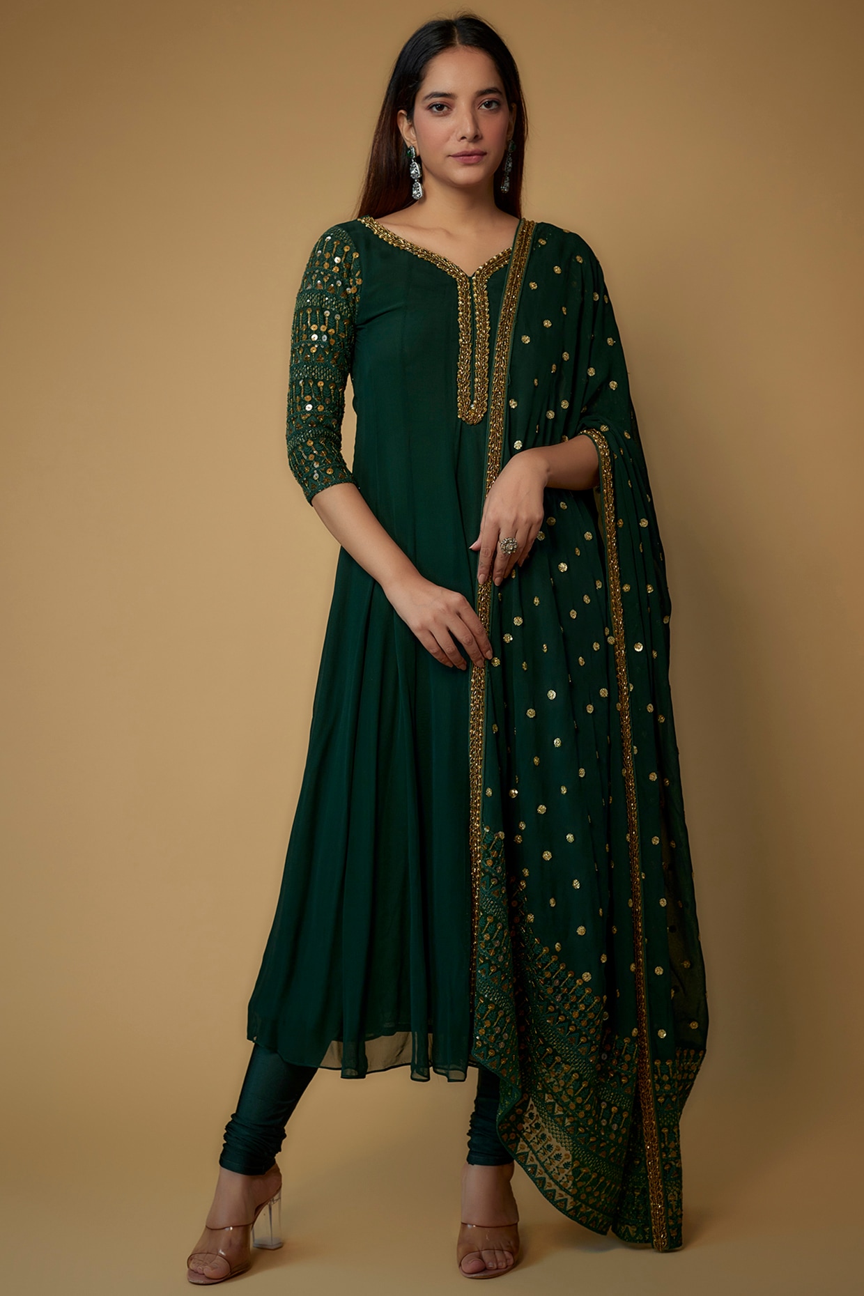 Dark Green Anarkali Dress Punjabi salwar suit Chinon Kurti With Pant and  Dupatta | Be4meStore