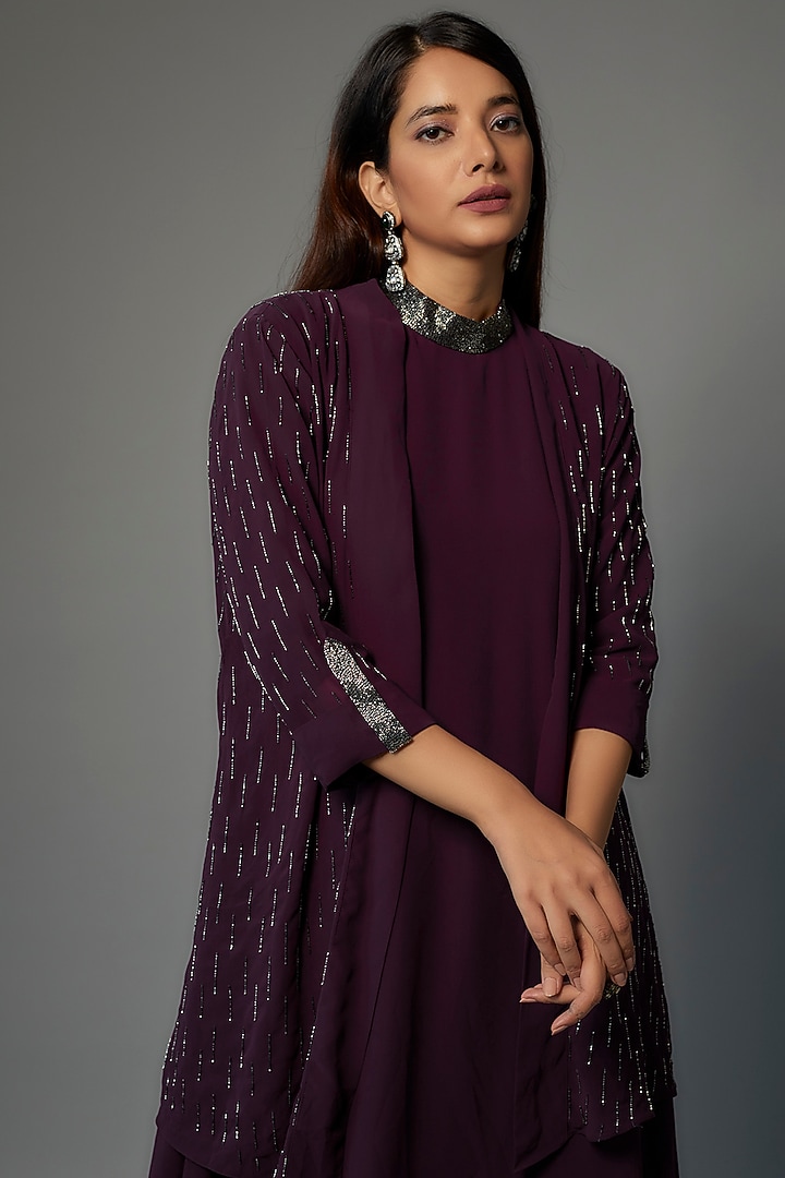 Wine Georgette Embellished Kurta Set by FATIZ at Pernia's Pop Up Shop