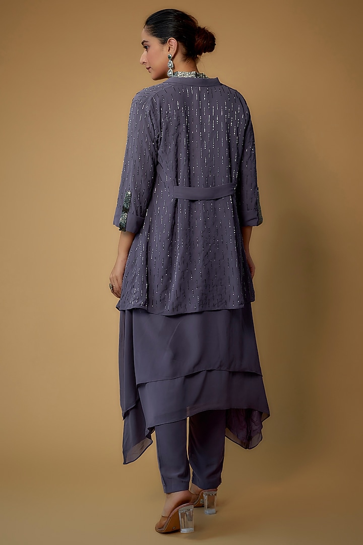 Grape Grey Georgette Embellished Kurta Set by FATIZ at Pernia's Pop Up Shop