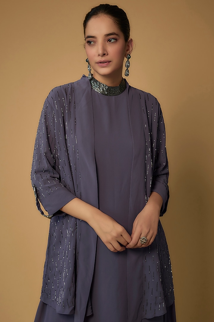 Grape Grey Georgette Embellished Kurta Set by FATIZ at Pernia's Pop Up Shop