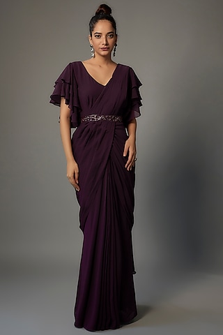 Wine Georgette Gown Saree by FATIZ