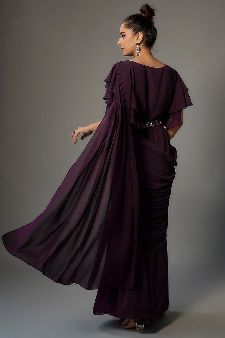 Wine Georgette Party Wear Gown Saree by FATIZ at Pernia's Pop Up Shop