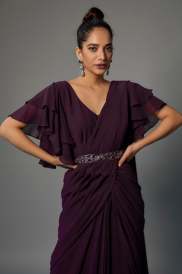 Wine Georgette Party Wear Gown Saree by FATIZ at Pernia's Pop Up Shop