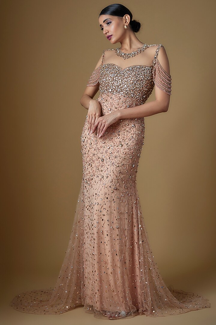 Rose Gold Tulle & Malai Lycra Embellished Gown by FATIZ at Pernia's Pop Up  Shop 2026