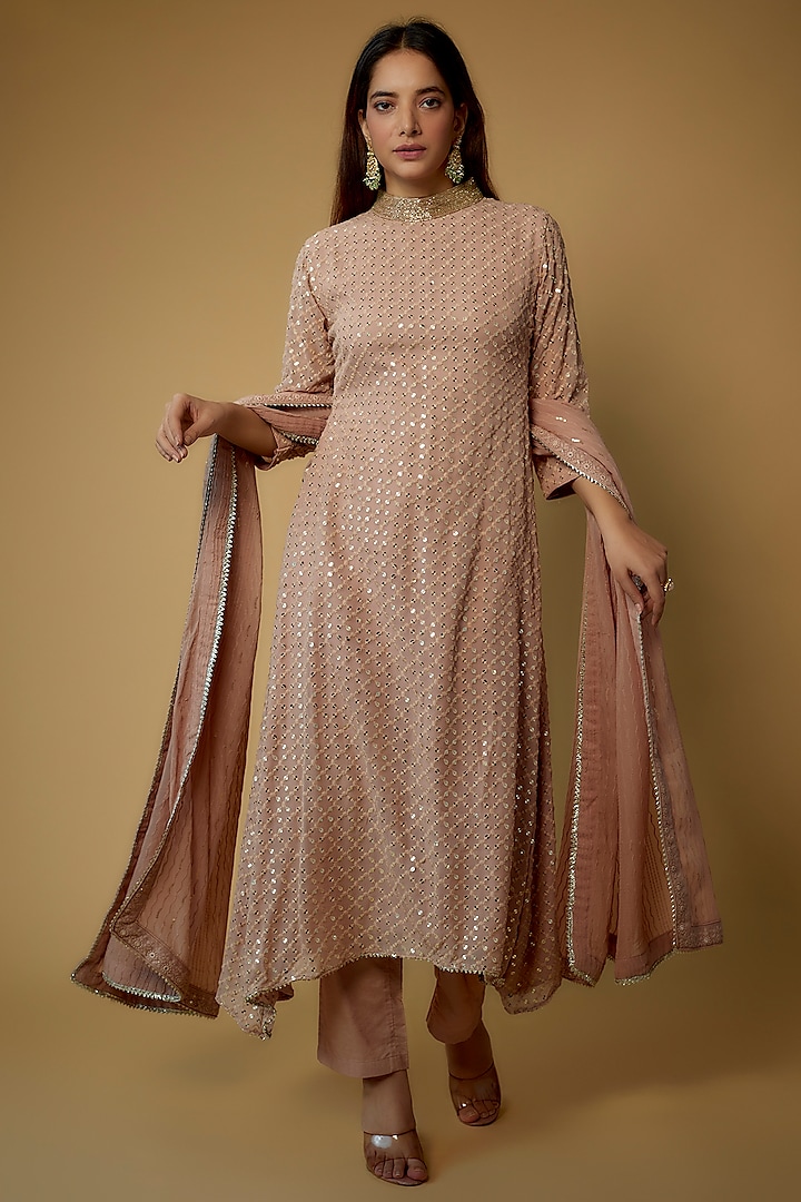 Blush Pink Georgette Beads Hand Embellished Party Wear Anarkali Set by FATIZ at Pernia's Pop Up Shop