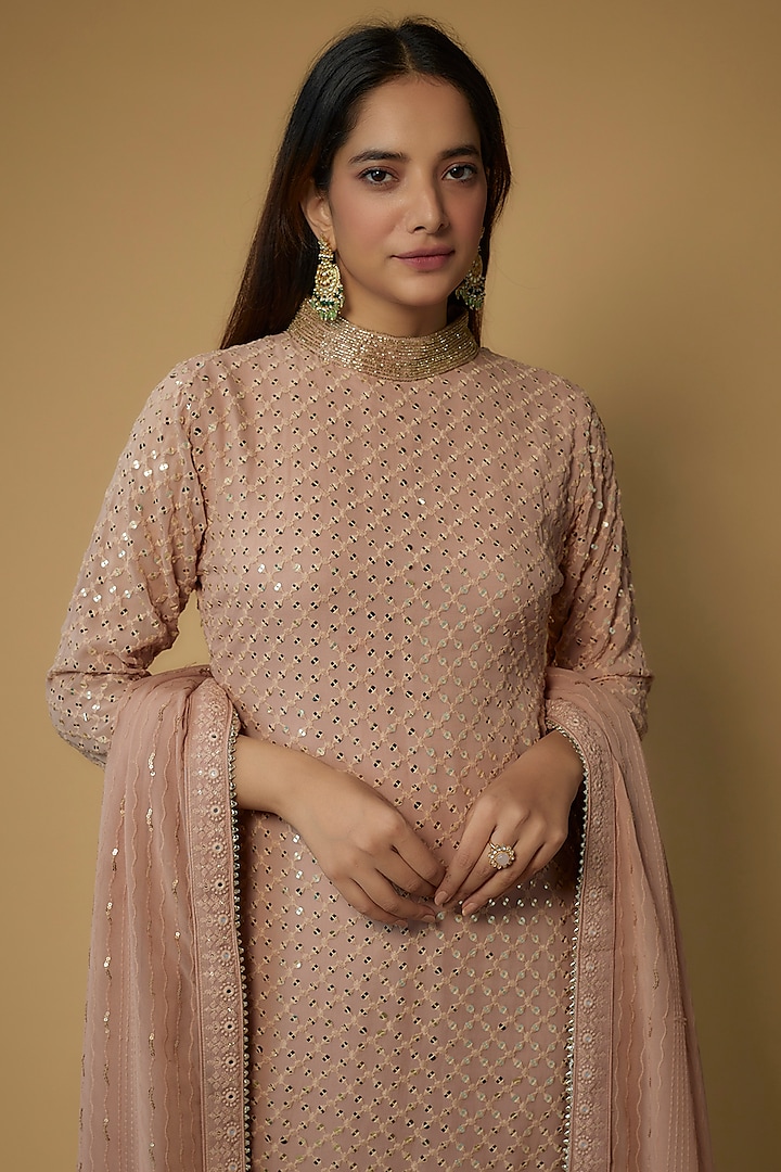 Blush Pink Georgette Beads Hand Embellished Party Wear Anarkali Set by FATIZ at Pernia's Pop Up Shop