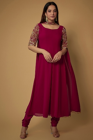 Reddish Pink Georgette Embellishments Anarkali Set by FATIZ