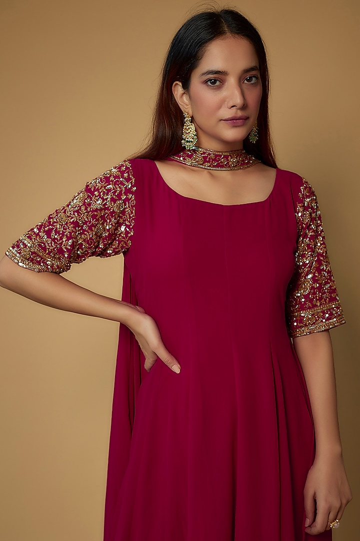 Reddish Pink Georgette Embellishments Party Wear Anarkali Set by FATIZ at Pernia's Pop Up Shop