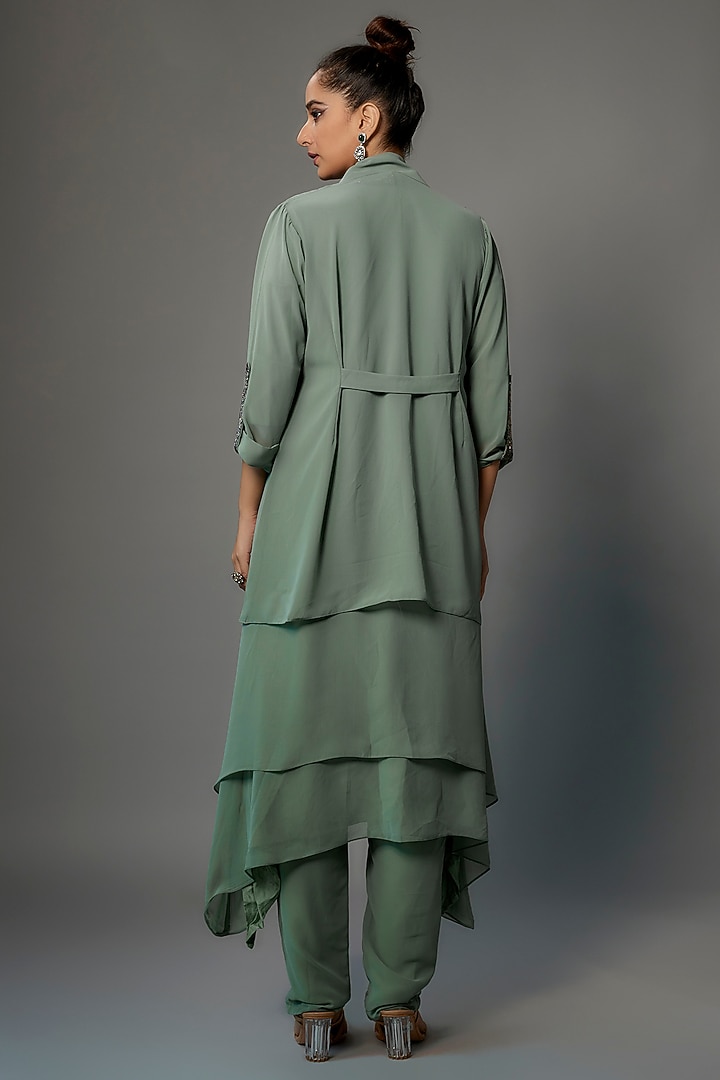 Sage Green Georgette Embellished Kurta Set by FATIZ at Pernia's Pop Up Shop