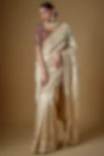 Gold Handloom Tissue Silk Embellished Saree Set by FATIZ