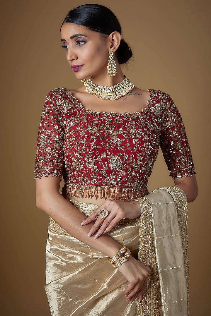 Gold Handloom Tissue Silk Embellished Wedding Saree Set by FATIZ at Pernia's Pop Up Shop