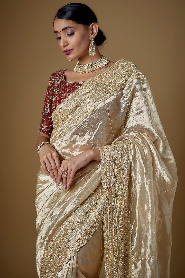 Gold Handloom Tissue Silk Embellished Wedding Saree Set by FATIZ at Pernia's Pop Up Shop