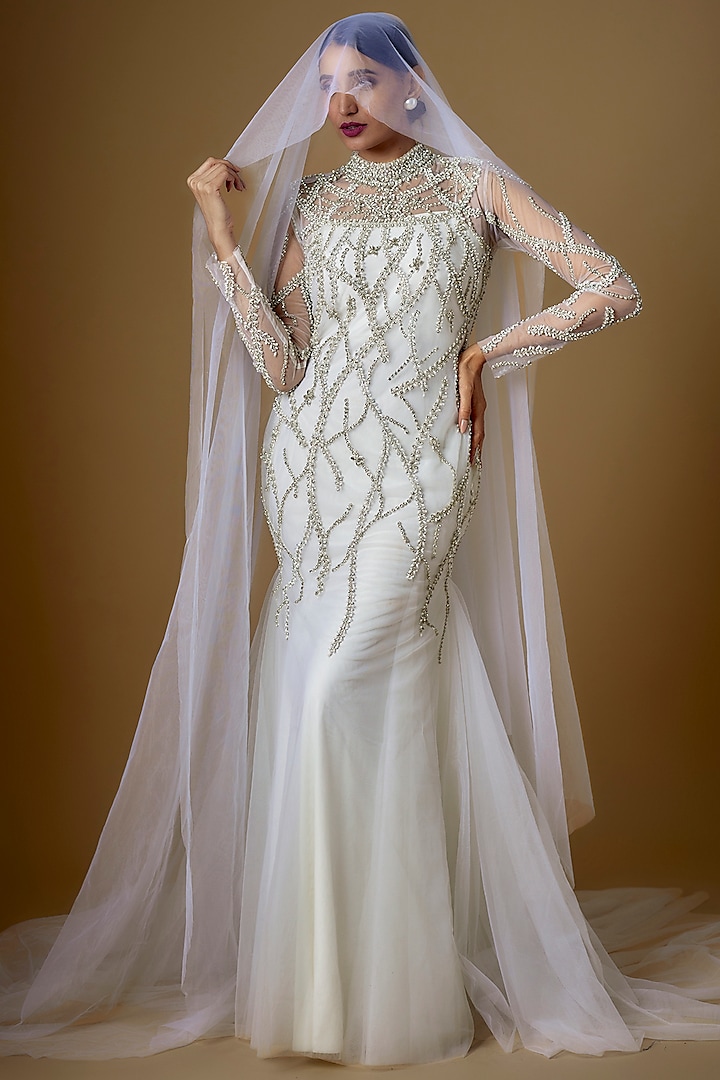 White Tulle Crystal Embellished Gown With Veil by FATIZ at Pernia's Pop Up Shop