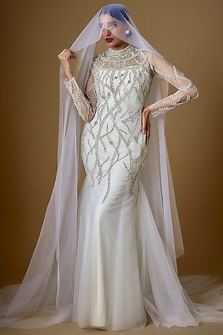 White Tulle Crystal Embellished Gown With Veil by FATIZ