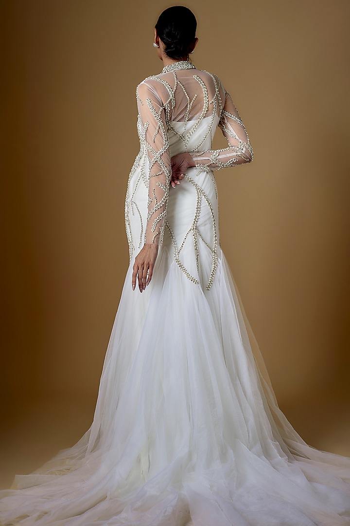 White Tulle Crystal Embellished Wedding Gown With Veil by FATIZ at Pernia's Pop Up Shop