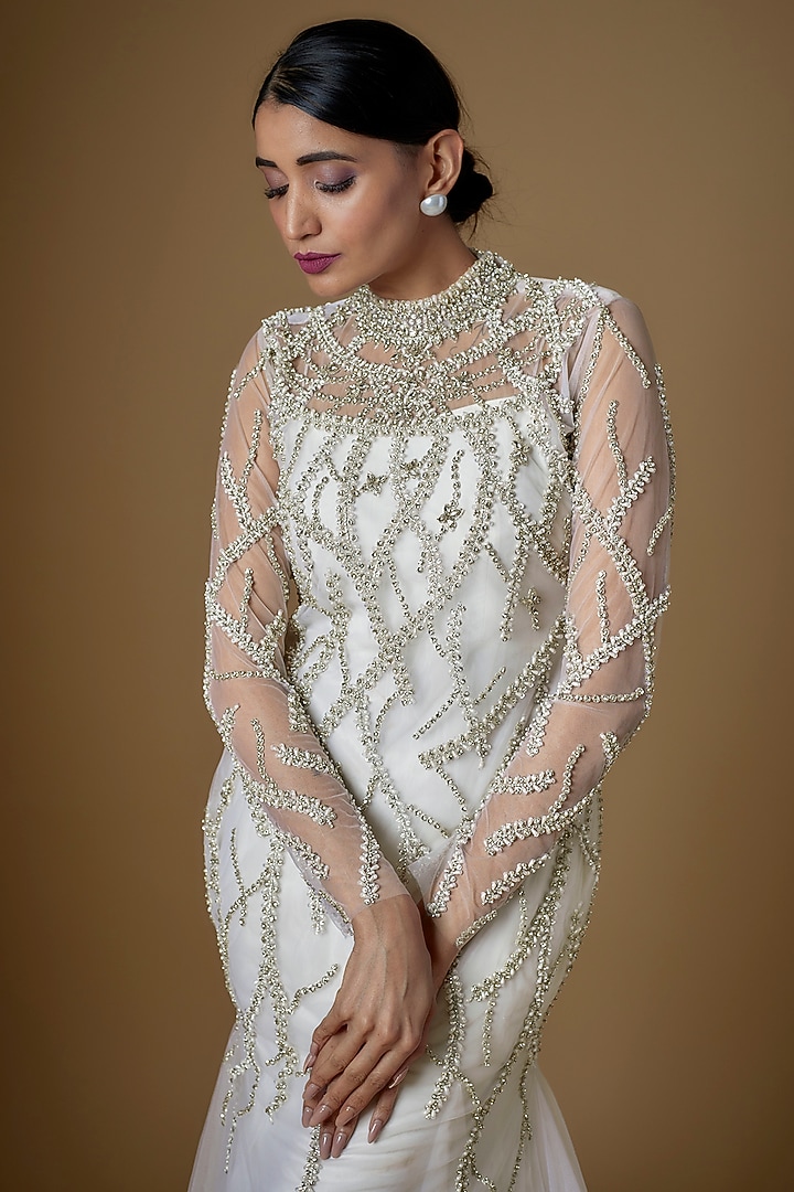 White Tulle Crystal Embellished Wedding Gown With Veil by FATIZ at Pernia's Pop Up Shop