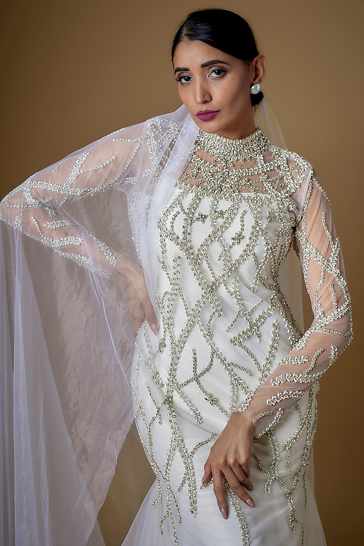 White Tulle Crystal Embellished Wedding Gown With Veil by FATIZ at Pernia's Pop Up Shop