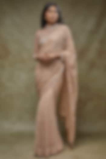 Champagne Gold Tulle Hand Embellished Draped Reception Saree Set by FATIZ at Pernia's Pop Up Shop