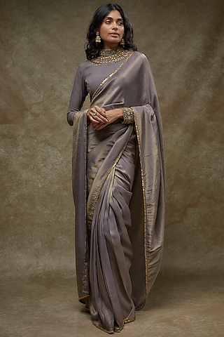 Grey Tissue Georegtte Draped Saree Set by FATIZ