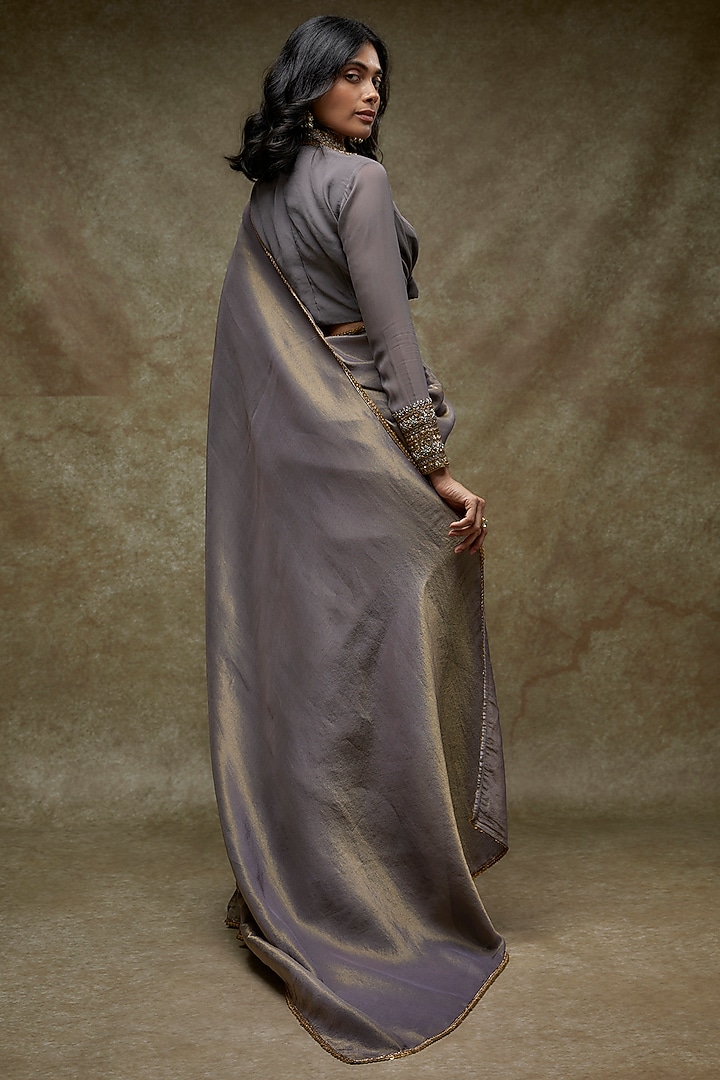 Grey Tissue Georegtte Draped Party Wear Saree Set by FATIZ at Pernia's Pop Up Shop