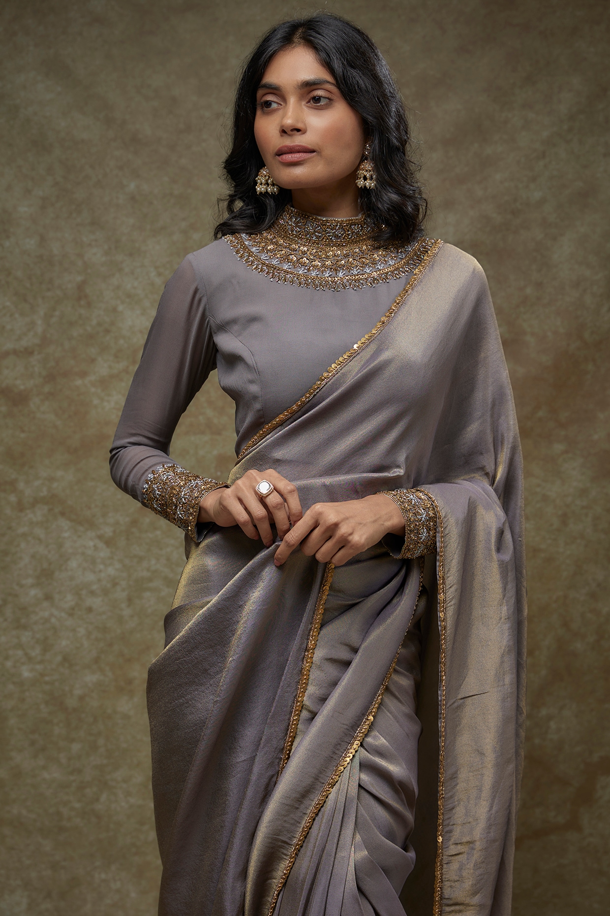 Grey Embroidered Net Saree With Blouse - Lilots - 3153394