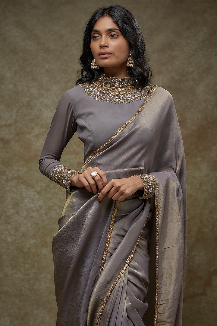 Grey Tissue Georegtte Draped Party Wear Saree Set by FATIZ at Pernia's Pop Up Shop