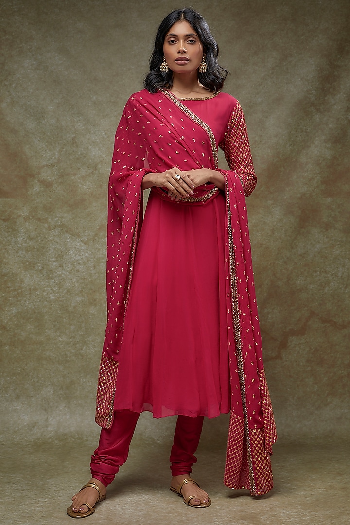 Reddish Pink Georgette Embellished Anarkali Set by FATIZ