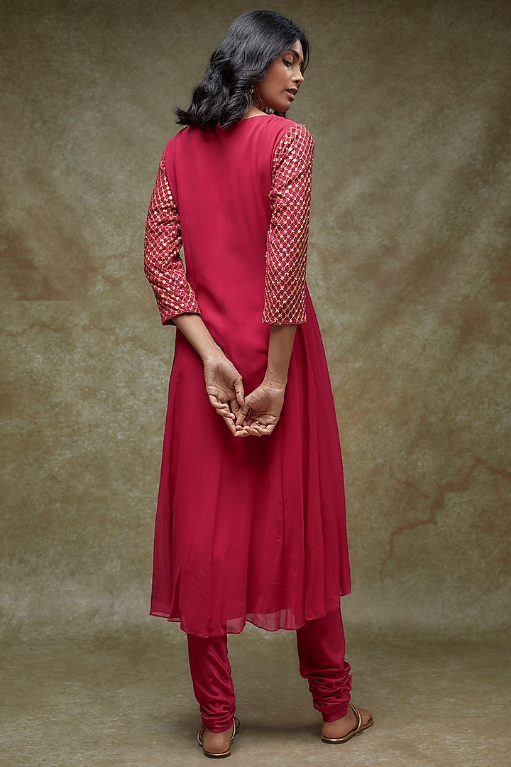 Reddish Pink Georgette Embellished Party Wear Anarkali Set by FATIZ at Pernia's Pop Up Shop