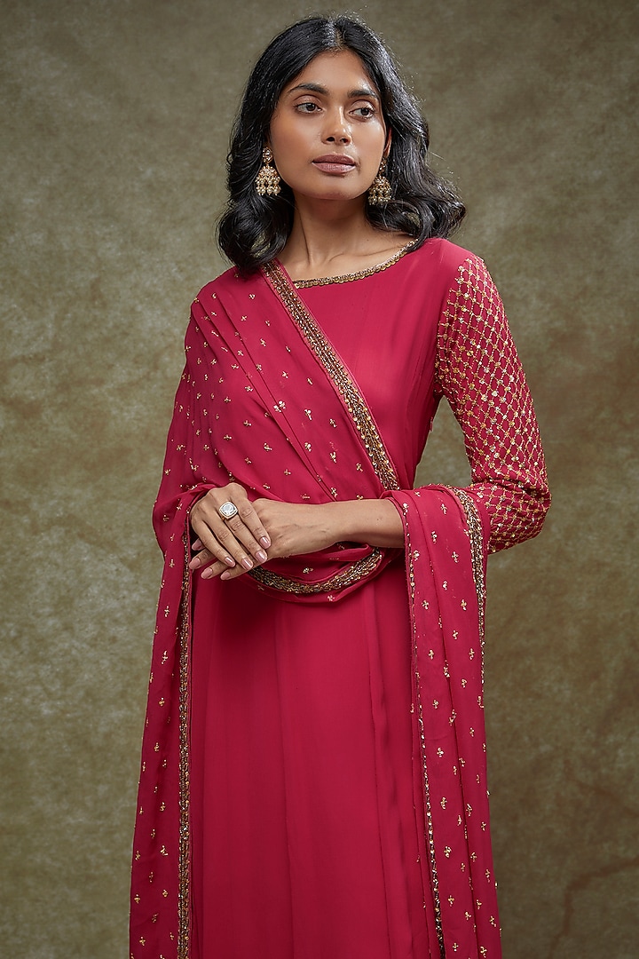 Reddish Pink Georgette Embellished Party Wear Anarkali Set by FATIZ at Pernia's Pop Up Shop