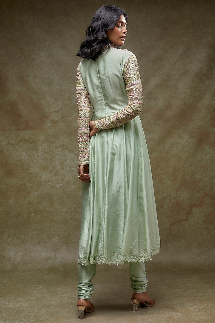 Mint Green Russian Silk Embellished Party Wear Anarkali Set by FATIZ at Pernia's Pop Up Shop