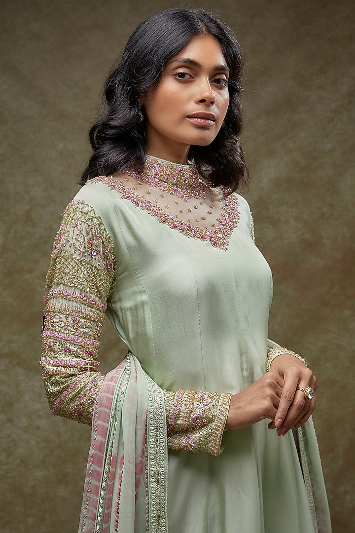 Mint Green Russian Silk Embellished Party Wear Anarkali Set by FATIZ at Pernia's Pop Up Shop