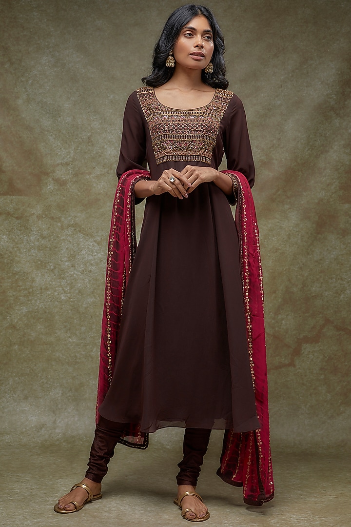 Coffee Brown Georgette Embellished Party Wear Anarkali Set by FATIZ at Pernia's Pop Up Shop