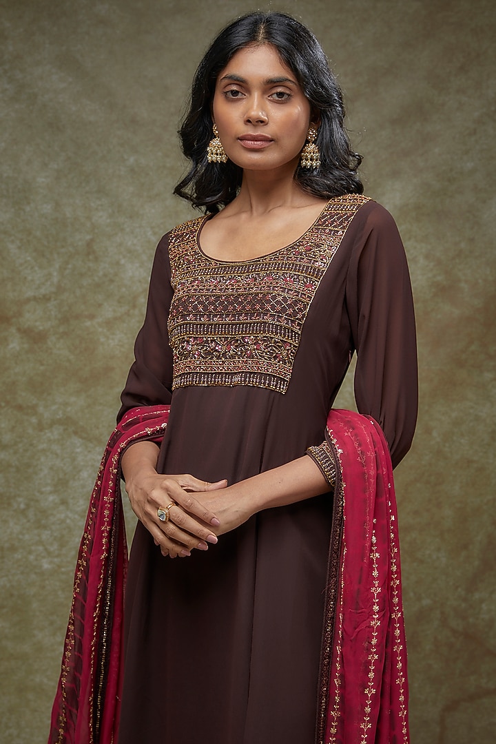 Coffee Brown Georgette Embellished Party Wear Anarkali Set by FATIZ at Pernia's Pop Up Shop