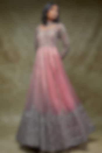 Pink Shaded Tulle Embroidered Gown by FATIZ