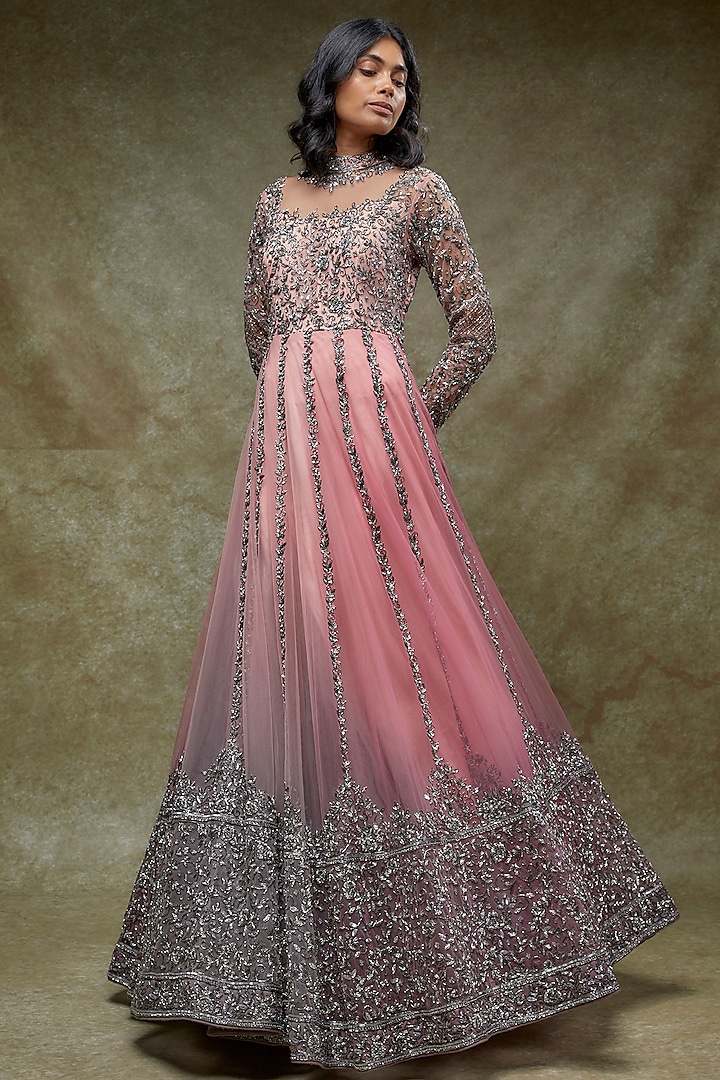 Pink Shaded Tulle Embroidered Gown by FATIZ