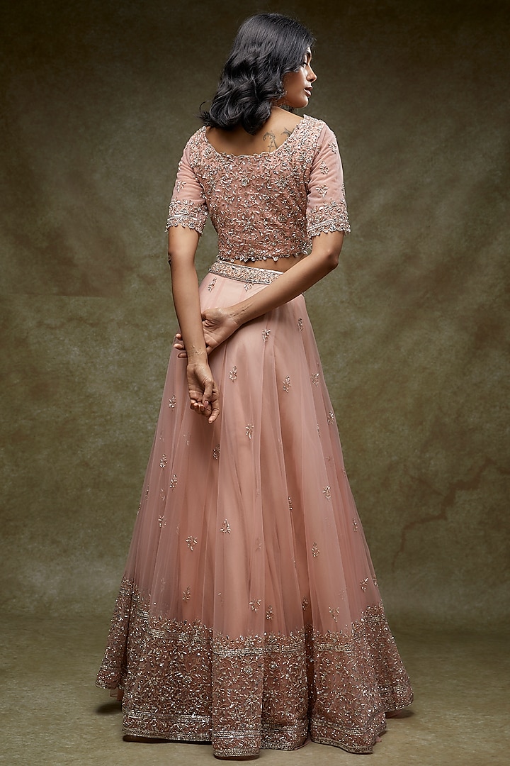 Blush Pink Tulle Embellished Wedding Lehenga Set by FATIZ at Pernia's Pop Up Shop