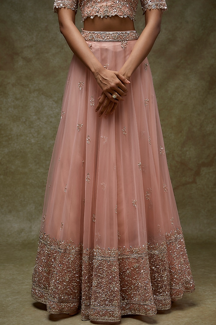 Blush Pink Tulle Embellished Wedding Lehenga Set by FATIZ at Pernia's Pop Up Shop