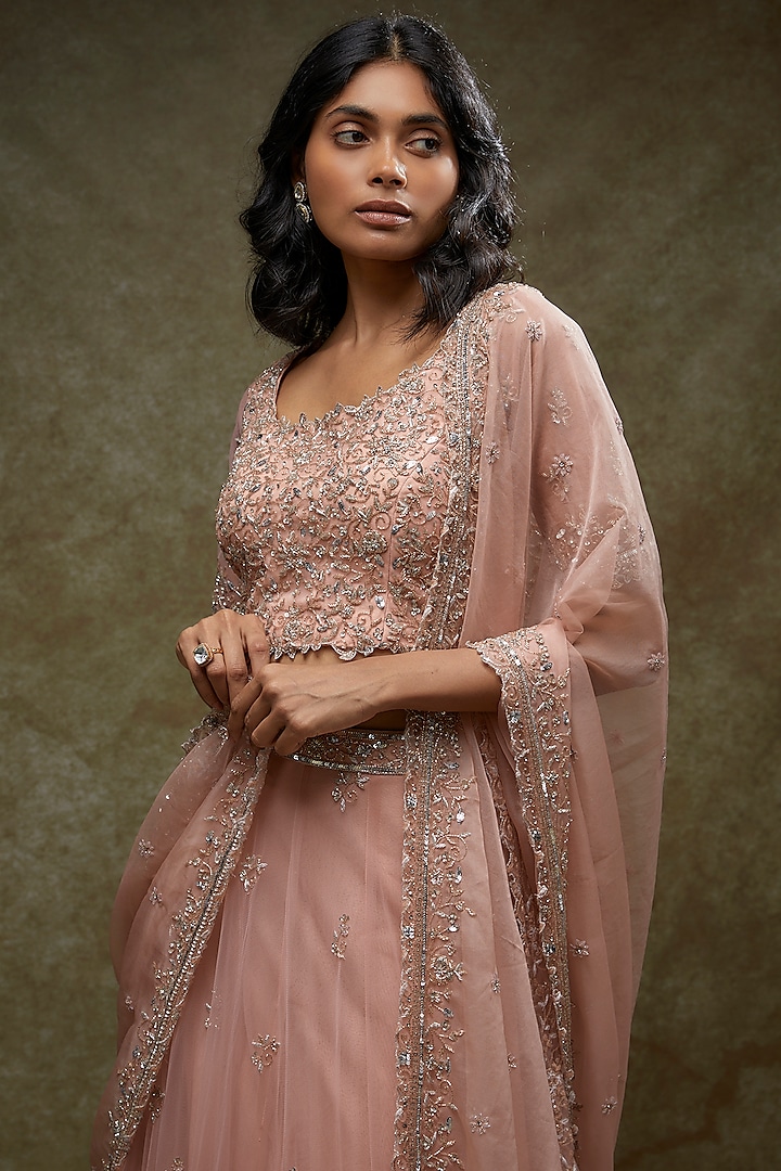 Blush Pink Tulle Embellished Wedding Lehenga Set by FATIZ at Pernia's Pop Up Shop