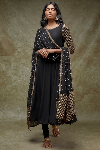 Black Georgette Embellished Anarkali Set by FATIZ