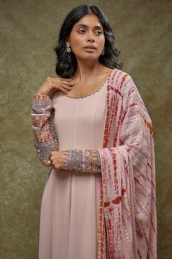 Blush Pink Georgette Embellished Party Wear Anarkali Set by FATIZ at Pernia's Pop Up Shop