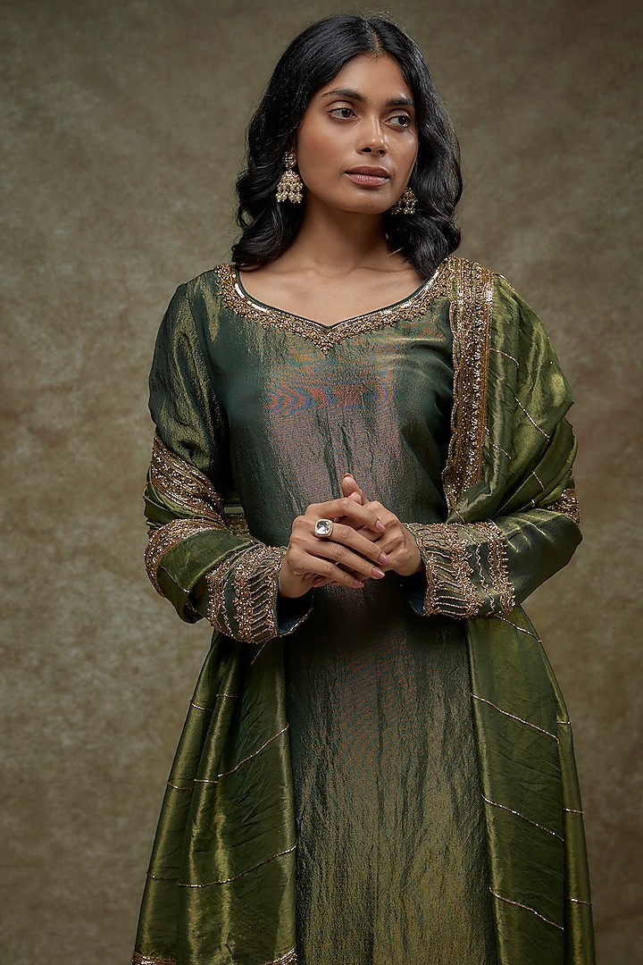 Green Tissue Georgette Embellished Kurta Set by FATIZ at Pernia's Pop Up Shop