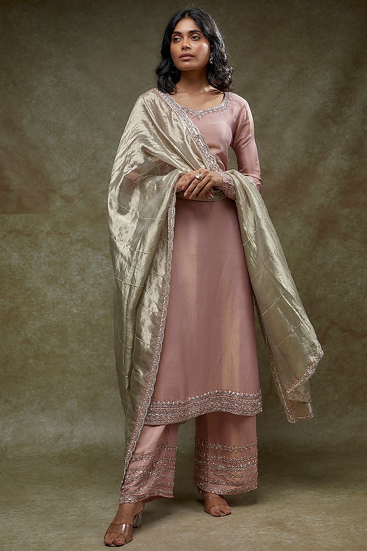 Blush Pink Tissue Georgette Sequins Embellished Kurta Set by FATIZ