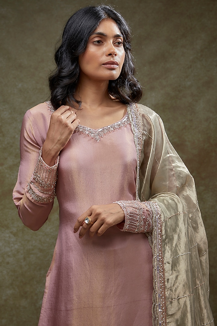 Blush Pink Tissue Georgette Sequins Embellished Kurta Set by FATIZ at Pernia's Pop Up Shop