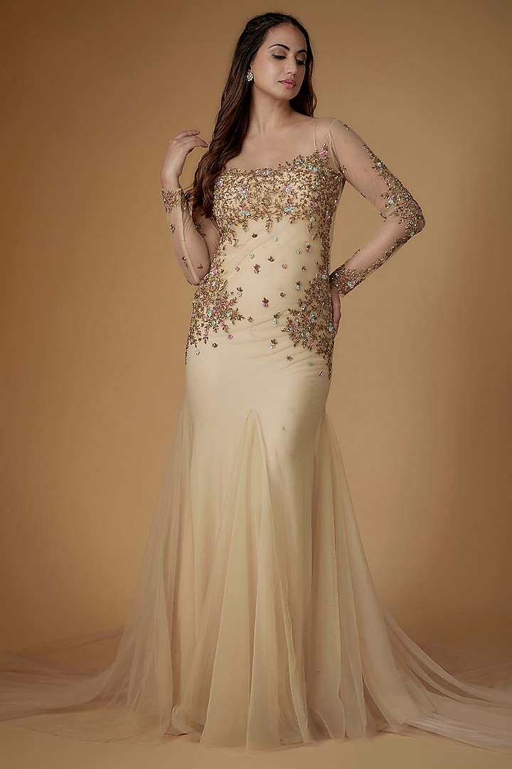 Champagne Gold Tulle Sequins Fish-Cut Gown by FATIZ