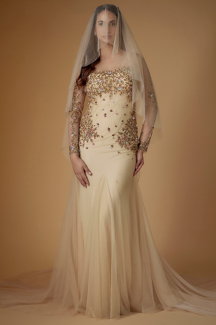 Champagne Gold Tulle Sequins Fish-Cut Engagement Gown by FATIZ at Pernia's Pop Up Shop