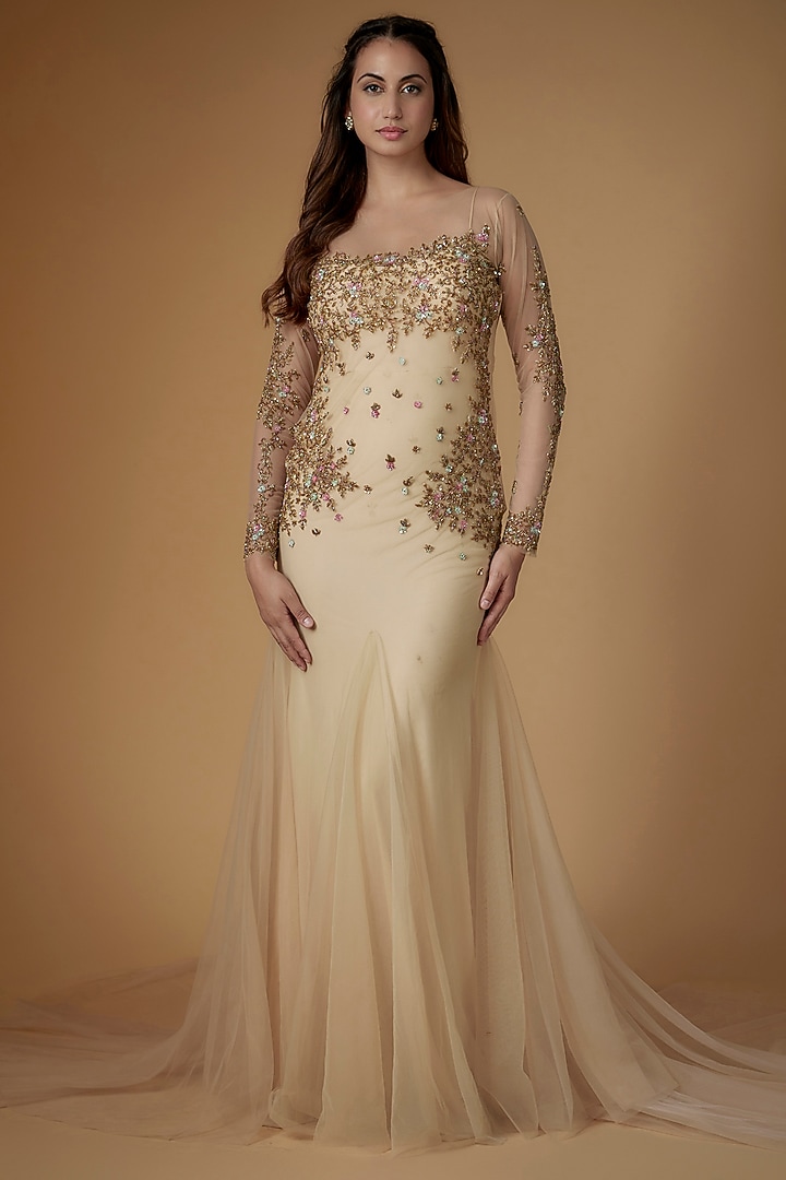 Champagne Gold Tulle Sequins Fish-Cut Engagement Gown by FATIZ at Pernia's Pop Up Shop