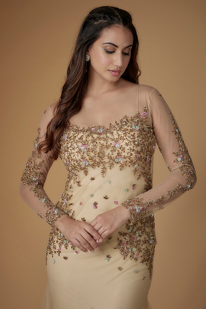 Champagne Gold Tulle Sequins Fish-Cut Engagement Gown by FATIZ at Pernia's Pop Up Shop